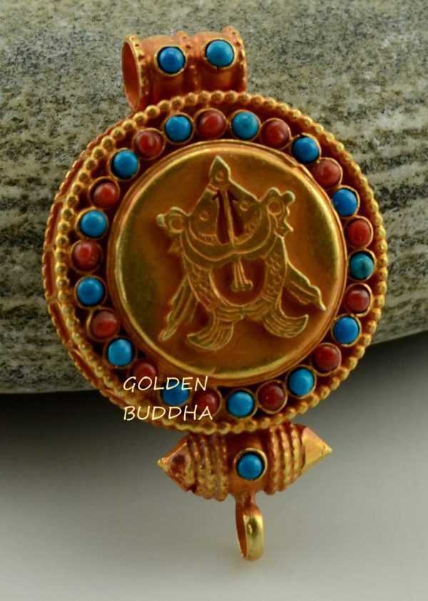 Golden Fish Ghau Pendant 45mm, Gold Plated Silver, Embedded Coral and Turquoise - Gallery