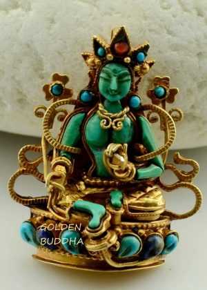 Green Tara Ghau Pendant 40mm, Gold Plated Silver, Embedded with Semiprecious Stones - Gallery