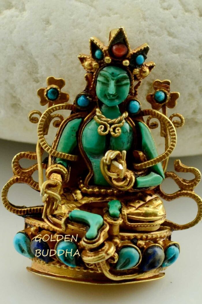 Green Tara Ghau Pendant 40mm, Gold Plated Silver, Embedded with Semiprecious Stones - Gallery