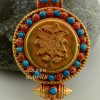 Lotus Flower Ghau Pendant 45mm, Gold Plated Silver, Embedded Coral and Turquoise - Gallery