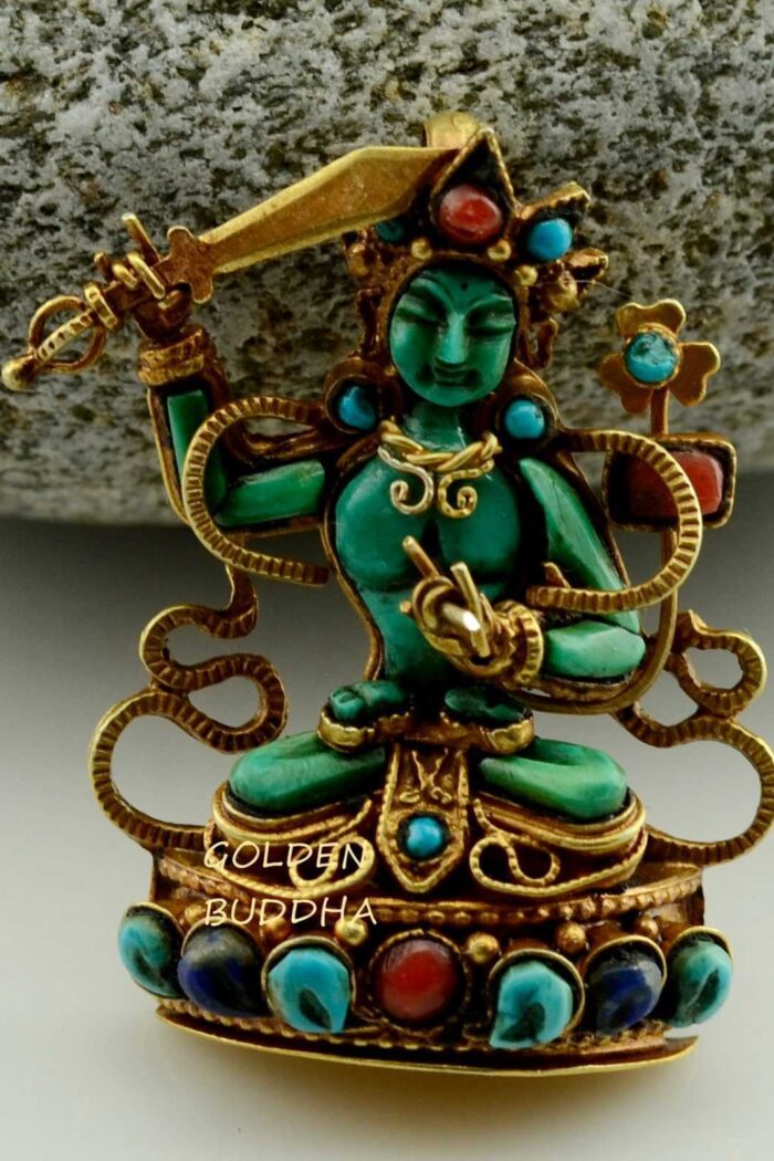 Manjushri Ghau Pendant 41mm, Gold Plated Silver, Semiprecious Coral and Turquoise - Gallery