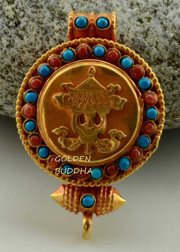 Parasol Ghau Pendant 44mm, Gold Plated Silver, Embedded Coral and Turquoise - Gallery