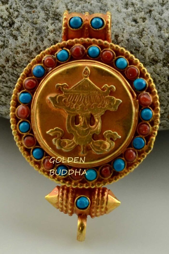 Parasol Ghau Pendant 44mm, Gold Plated Silver, Embedded Coral and Turquoise - Gallery