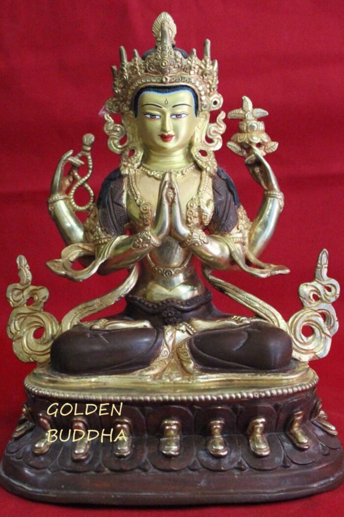 Partly Gold Gilded 12" Tibetan Chenrezig Statue, Hand Face Painted, 24K Gold Details - Gallery