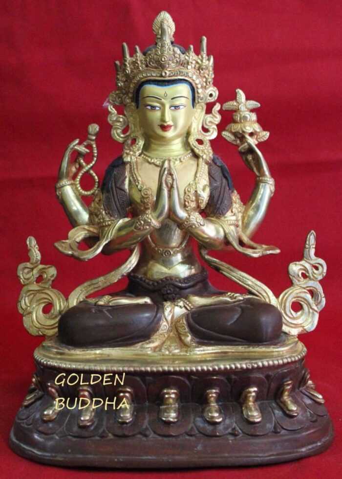 Partly Gold Gilded 12" Tibetan Chenrezig Statue, Hand Face Painted, 24K Gold Details - Gallery