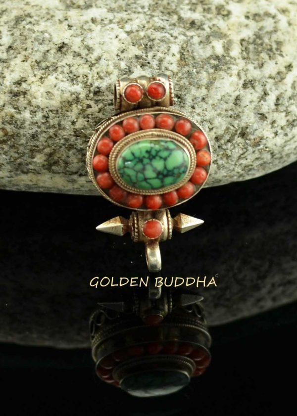 Tibetan Ghau Pendant 32mm, Handmade with Silver, Coral, Turquoise Stones - Gallery