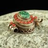 Tibetan Ghau Pendant 32mm, Handmade with Silver, Coral, Turquoise Stones - Right