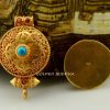 Viswa Vajra Ghau Pendant 43mm, Gold Plated Silver, Embedded Coral and Turquoise - Opened