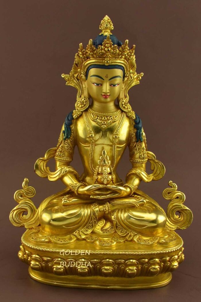 Fully Gold Gilded 10" Tibetan Tsepame Statue, Fire Gilded 24K Gold Finish, Handmade - Gallery