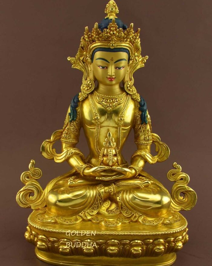 Fully Gold Gilded 10" Tibetan Tsepame Statue, Fire Gilded 24K Gold Finish, Handmade - Gallery