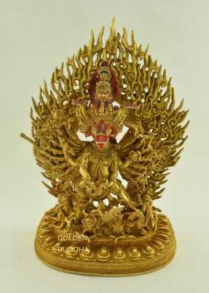Fully Gold Gilded 11.5" Yamantaka Statue, Fine Detail Carving, Fire Gilded 24K Gold Finish - Gallery