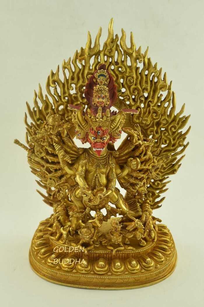 Fully Gold Gilded 11.5" Yamantaka Statue, Fine Detail Carving, Fire Gilded 24K Gold Finish - Gallery
