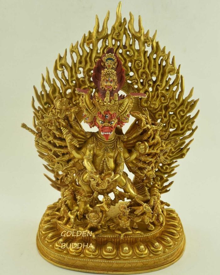 Fully Gold Gilded 11.5" Yamantaka Statue, Fine Detail Carving, Fire Gilded 24K Gold Finish - Gallery