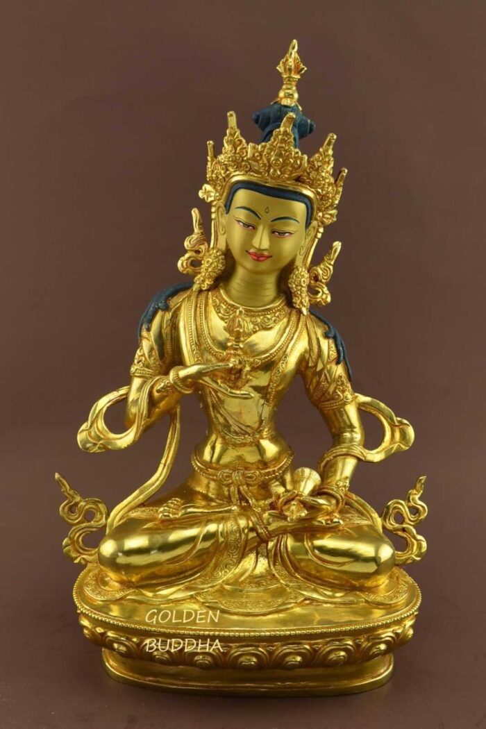 Fully Gold Gilded 13.5" Tibetan Dorje Sempa Statue, Fire Gilded Finish, Handmade - Gallery