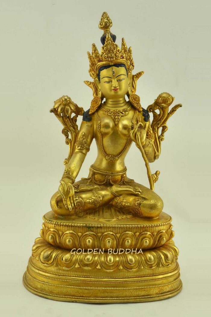 Fully Gold Gilded 14" Dolkar Statue, 7 Eyed White Tara, Hand Face Painted - Gallery