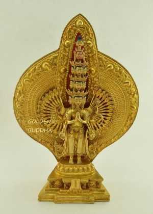 Fully Gold Gilded 14.5" 1000 Armed Tibetan Chenrezig Statue, Hand Face Painted - Gallery