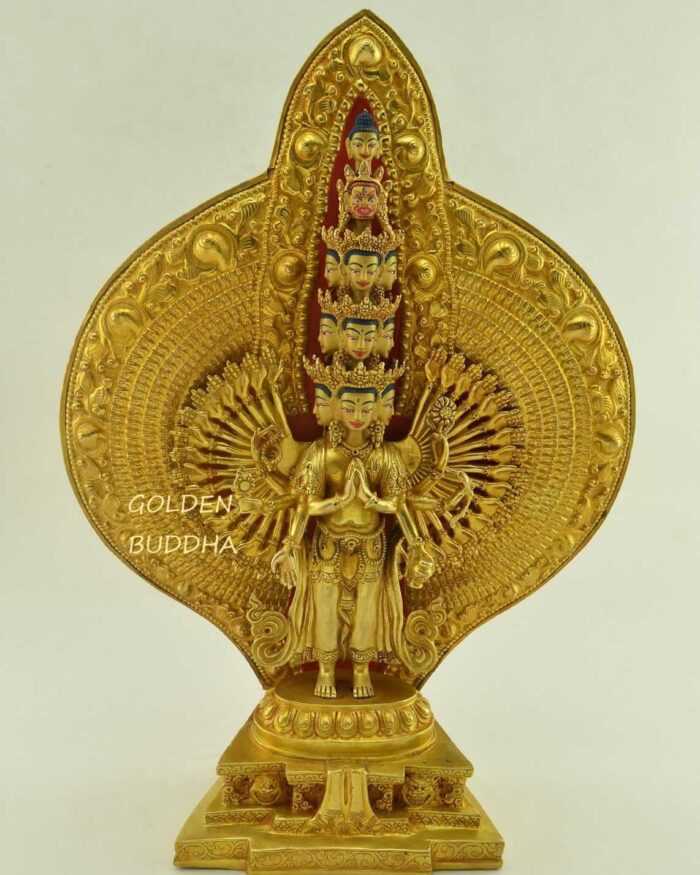 Fully Gold Gilded 14.5" 1000 Armed Tibetan Chenrezig Statue, Hand Face Painted - Gallery