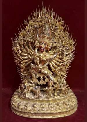 Fully Gold Gilded 14.5" Megh Sambara Statue, Beautiful Hand Carving, Fine Detail - Gallery
