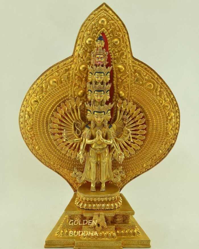 Fully Gold Gilded 20" 1000 Armed Avalokiteshvara Statue, Hand Face Painted, Beautiful Engravings - Gallery