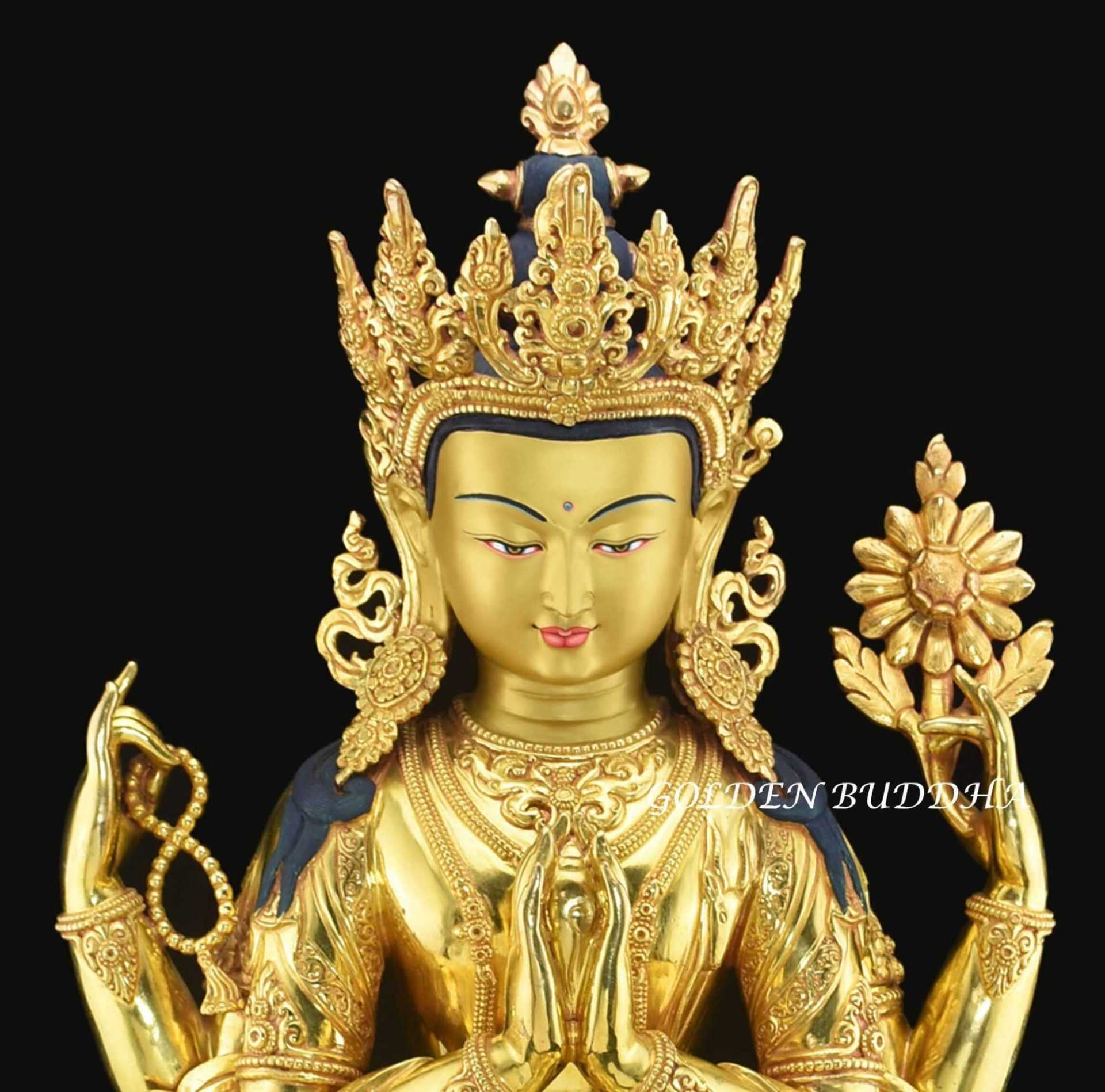 Fully Gold Gilded 24.5" Masterpiece Lokeshvara Statue, Fire Gilded 24k Gold - Face Details