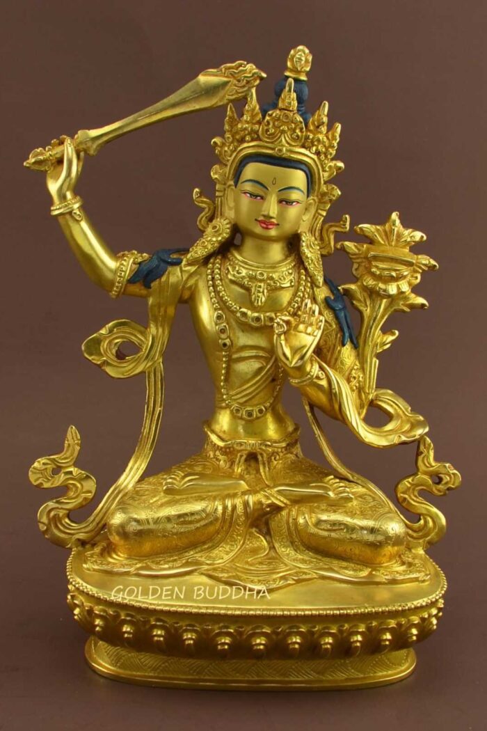 Fully Gold Gilded 9" Jampalyang Statue, Beautiful Engravings, Fire Gilded 24K Gold - Gallery