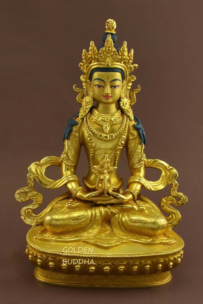 Fully Gold Gilded 9" Tsepame Statue, Beautiful Robe Engravings, Fire Gilded 24K Finish - Gallery