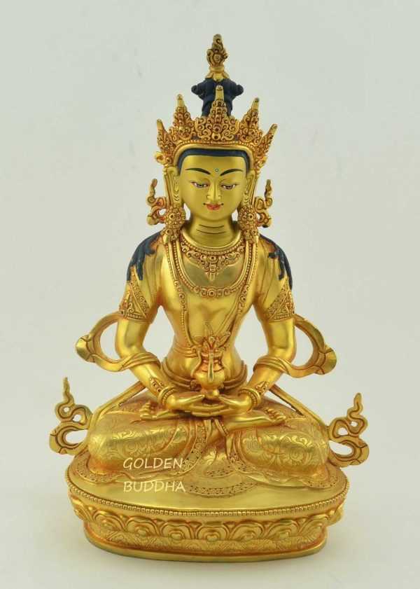 Gold Plated 12.5" Amitayus Sculpture, Beautiful Engravings, Hand Painted Face - Gallery
