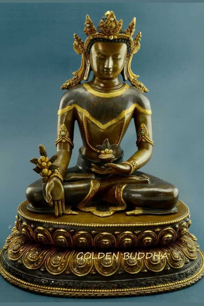 Oxidized Copper 13.5" Medicine Buddha Statue (24k Gold Gilded) - Gallery