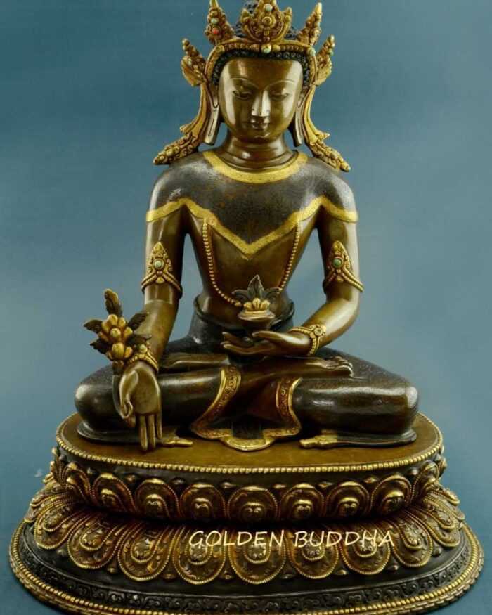 Oxidized Copper 13.5" Medicine Buddha Statue (24k Gold Gilded) - Gallery