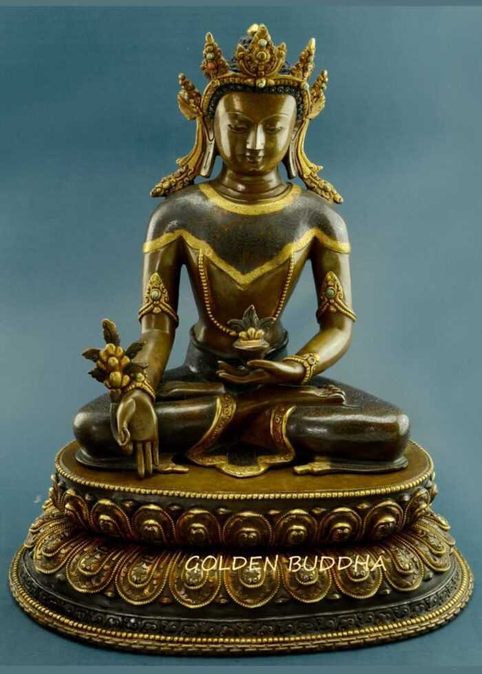 Oxidized Copper 13.5" Medicine Buddha Statue (24k Gold Gilded) - Gallery