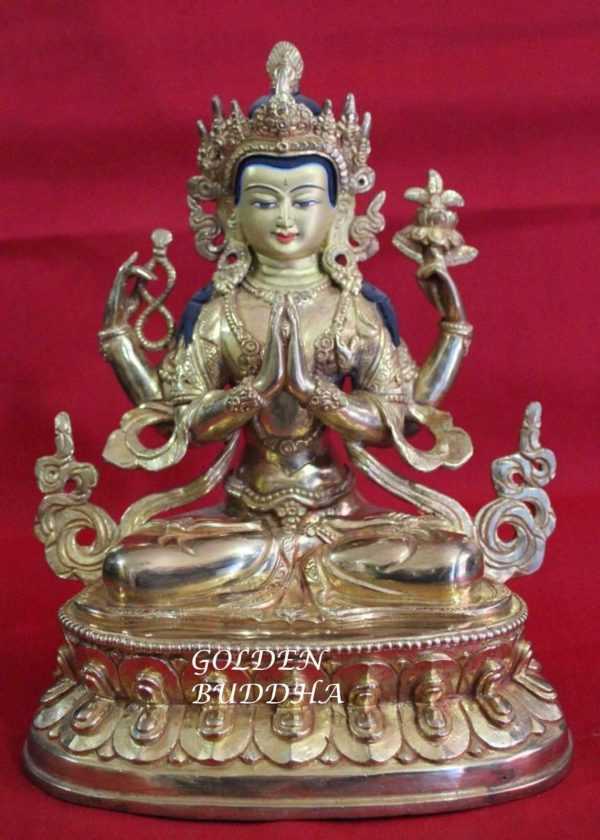 Fully Gold Gilded 9" Nepali Lokeshvara Statue, Beautiful Handmade Carvings - Gallery
