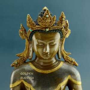 Oxidized Copper 13.5" Shakyamuni Buddha Statue (24k Gold Gilded) - Face Detail