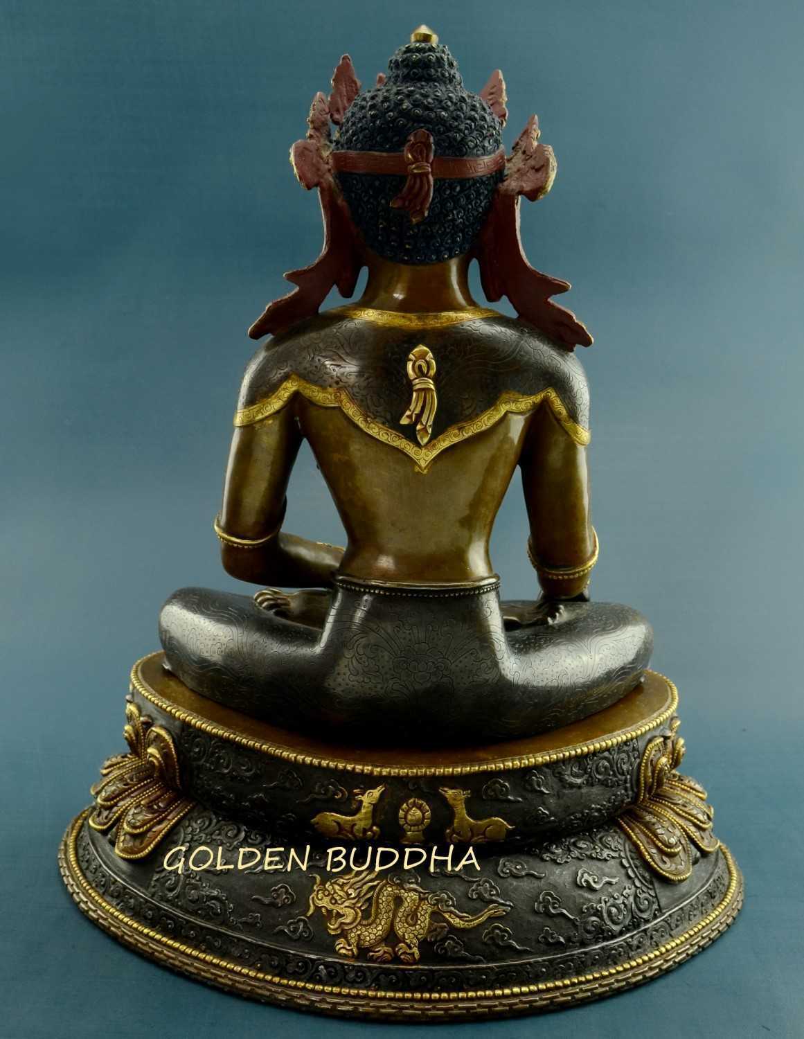 Oxidized Copper 13.5" Shakyamuni Buddha Statue (24k Gold Gilded) - Back