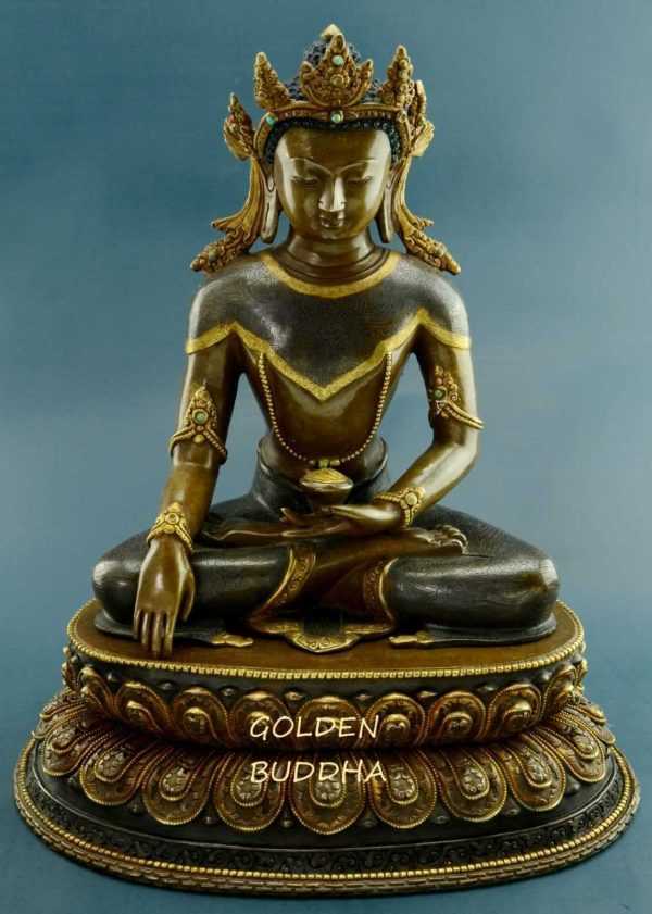 Oxidized Copper 13.5" Shakyamuni Buddha Statue (24k Gold Gilded) - Gallery