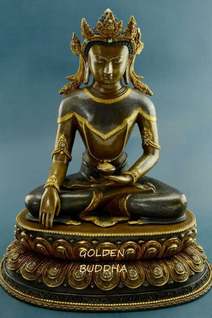 Oxidized Copper 13.5" Shakyamuni Buddha Statue (24k Gold Gilded) - Gallery