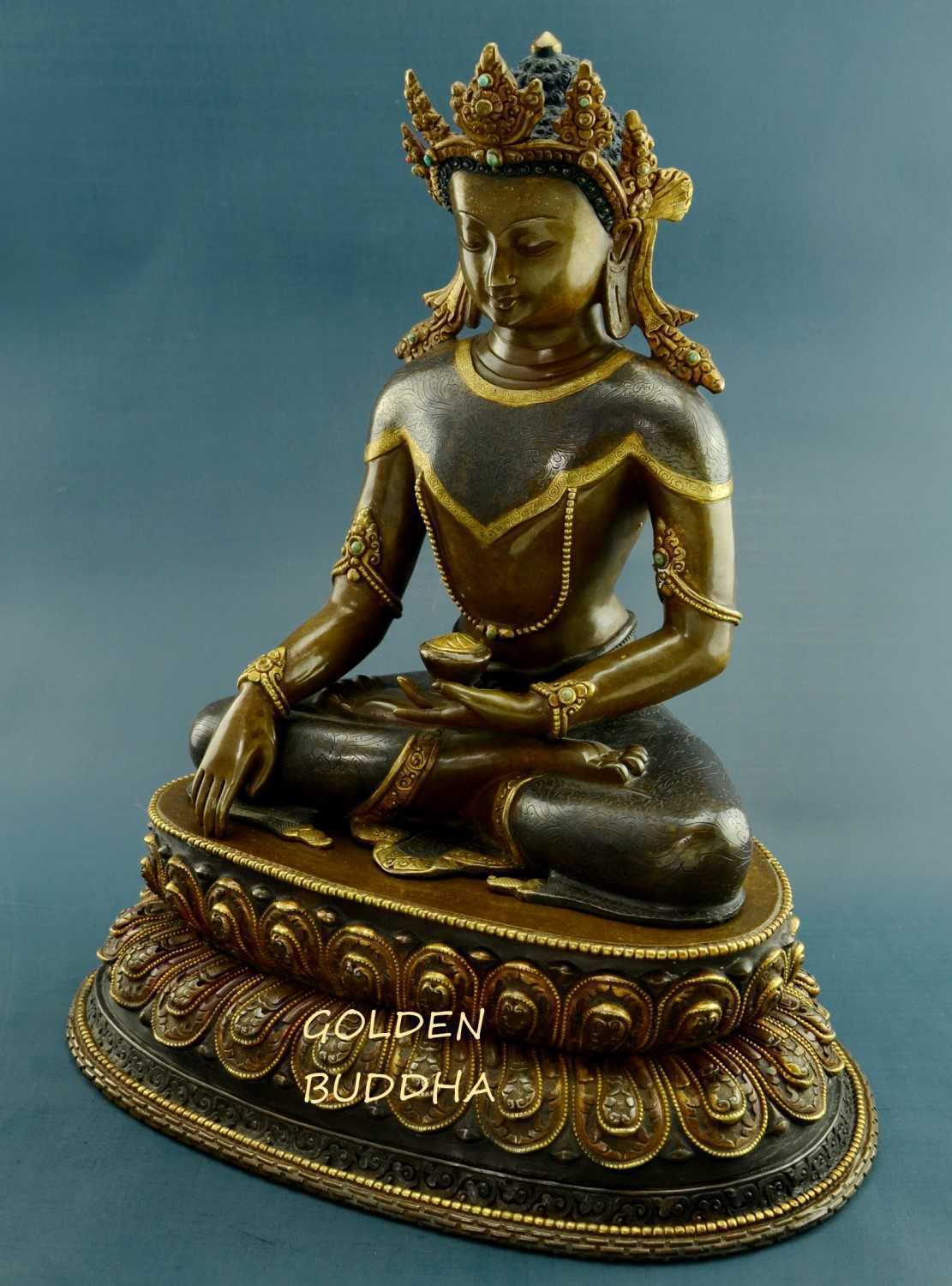 Oxidized Copper 13.5" Shakyamuni Buddha Statue (24k Gold Gilded) - Left