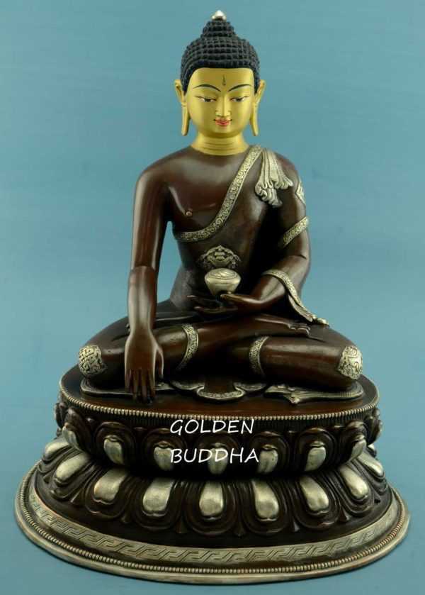 Oxidized Copper 15.5" Shakyamuni Buddha Statue (Silver Plated & Gold Face) - Gallery