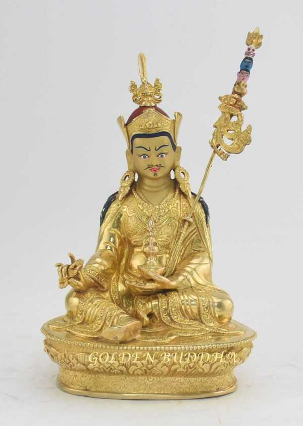Fully Gold Gilded 9" Nepali Padmasambhava Sculpture, Beautiful Hand Carved Details - Gallery