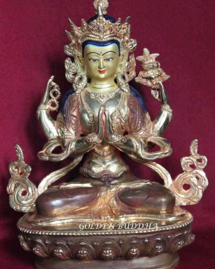 Partly Gold Gilded 9" Beautiful Chenrezig Sculpture, Hand Face Painted - Gallery