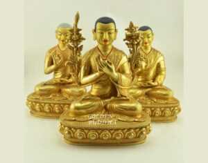 Fully Gold Gilded 12.5" Je Tsongkhapa Statue Set, 24K Fire Gilded, Fine Details - Gallery