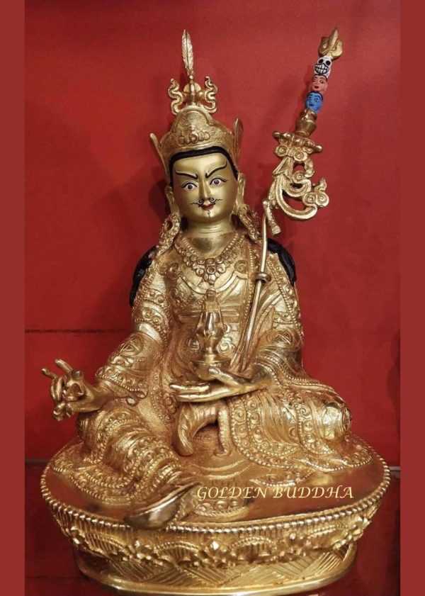 Fully Gold Gilded 9" Guru Rinpoche Sculpture, Finely Hand Carved Detail - Gallery