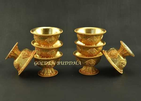 3.25" Set of Eight Tibetan Offering Bowls, Beautiful Hand Engravings, Fully Gold Plated - Gallery