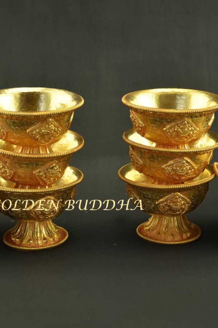 3.25" Set of Eight Tibetan Offering Bowls, Beautiful Hand Engravings, Fully Gold Plated - Gallery