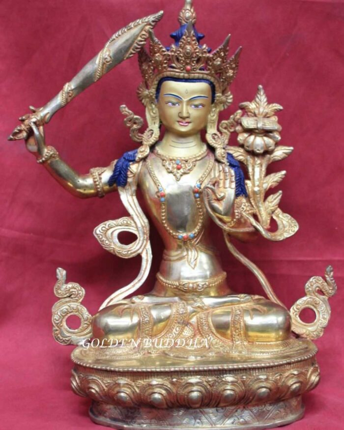 Fully Gilded 13.25" Golden Manjushri Statue, Hand Face Painted 24k Gold - Gallery