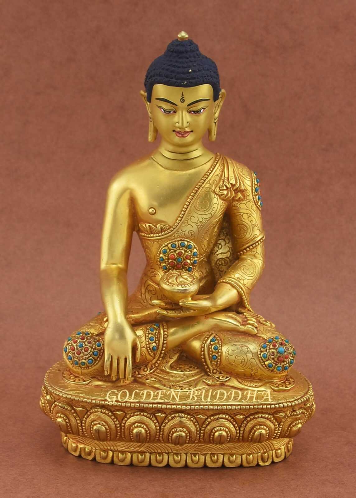 Fully Gold Plated 7.75" Tomba Shakyamuni Sculpture, Embedded w/Colorful Stones - Gallery