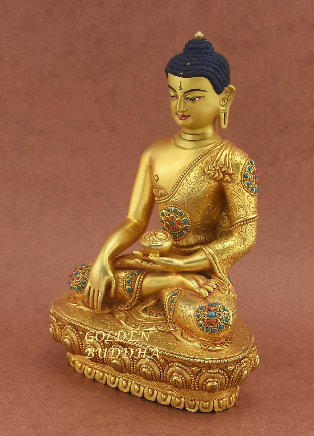Fully Gold Plated 7.75" Tomba Shakyamuni Sculpture, Embedded w/Colorful Stones - Left