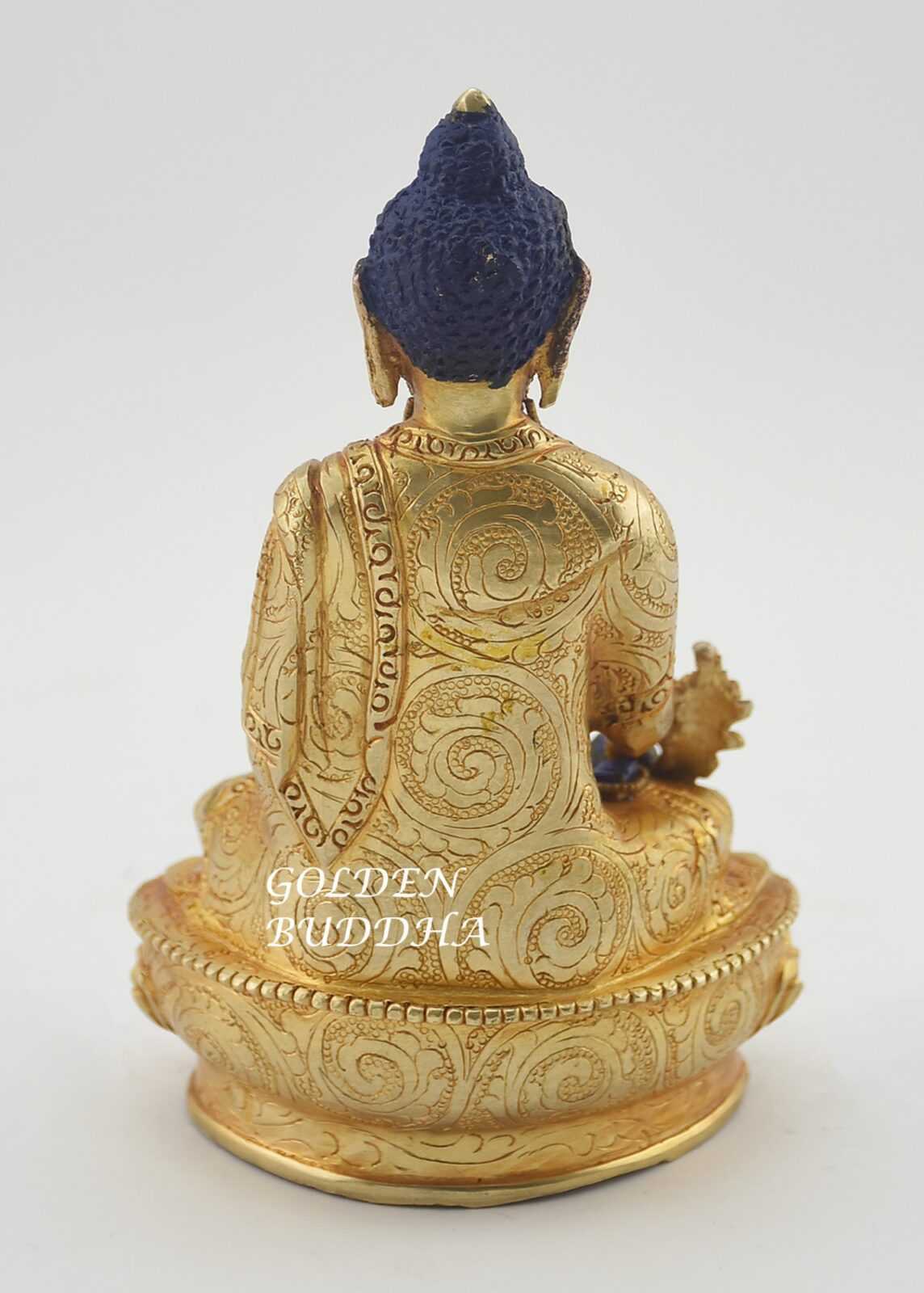 Gold Plated 6" Lapis Medicine Buddha Statue, Handmade, Lapis Paste - Back