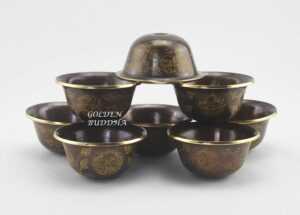 2.75" Set of Eight Tibetan Offering Bowls, Oxidized Copper, Fire Gilded 24k Gold Detailing - Gallery