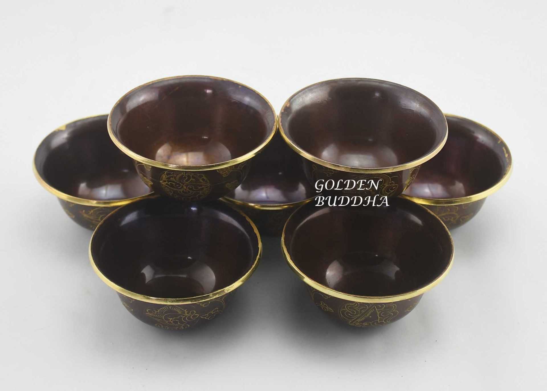 2.75" Set of Seven Oxidized Water Offering Bowls, Fire Gilded 24k Gold Details, Handmade - Interior Display