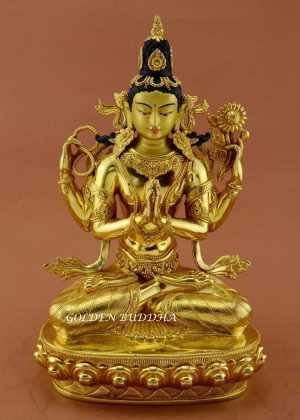 Fully Gold Gilded 14" Tibetan Avalokiteshvara Statue, Fine Hand Carved Details - Gallery